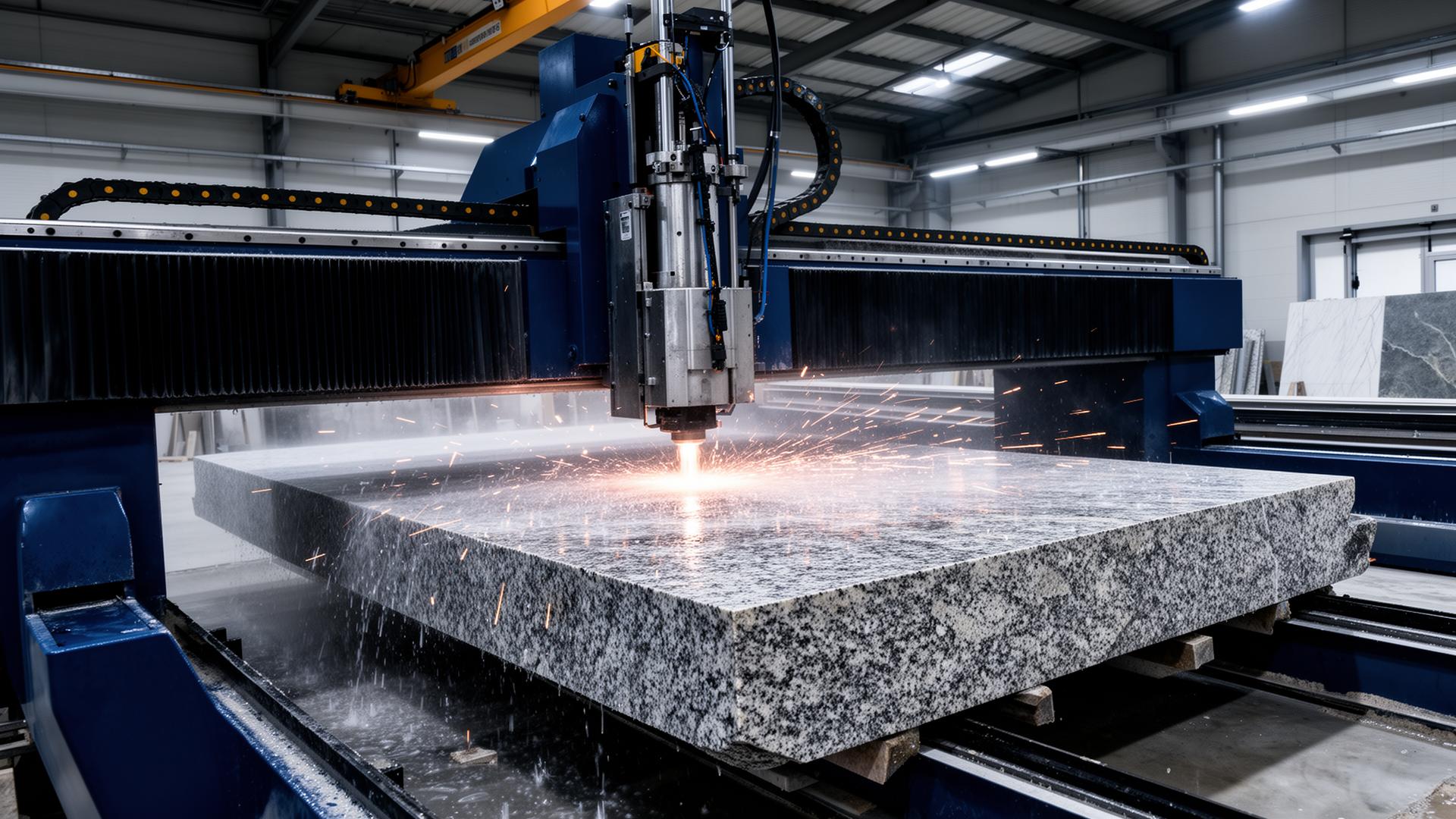 CNC bridge saw cutting a granite slab in a stone fabrication shop